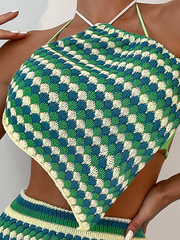 Striped Pattern Bandana Hem Tie Backless Halter Cover Up Top & Bodycon Skirt - All About Eg Striped Pattern Bandana Hem Tie Backless Halter Cover Up Top & Bodycon Skirt - All About Eg