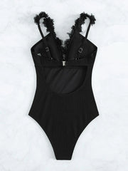 Ruffle Trim Contrast Mesh One Piece Swimsuit - All About Eg Ruffle Trim Contrast Mesh One Piece Swimsuit - All About Eg