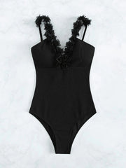 Ruffle Trim Contrast Mesh One Piece Swimsuit - All About Eg Ruffle Trim Contrast Mesh One Piece Swimsuit - All About Eg