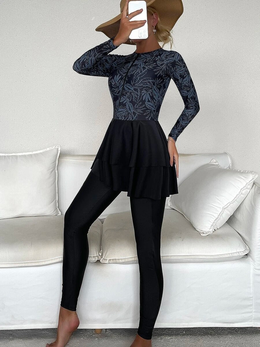Floral Print Tankini Set Long Sleeve Zip Front Full Body Longline Swim Shirt & Leggings 2 Piece Swimsuit - All About Eg