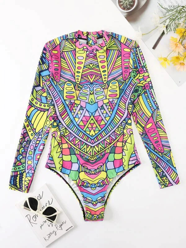 Allover Print Zip Back One Piece Swimsuit - All About Eg Allover Print Zip Back One Piece Swimsuit - All About Eg