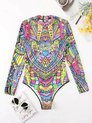 Allover Print Zip Back One Piece Swimsuit - All About Eg Allover Print Zip Back One Piece Swimsuit - All About Eg