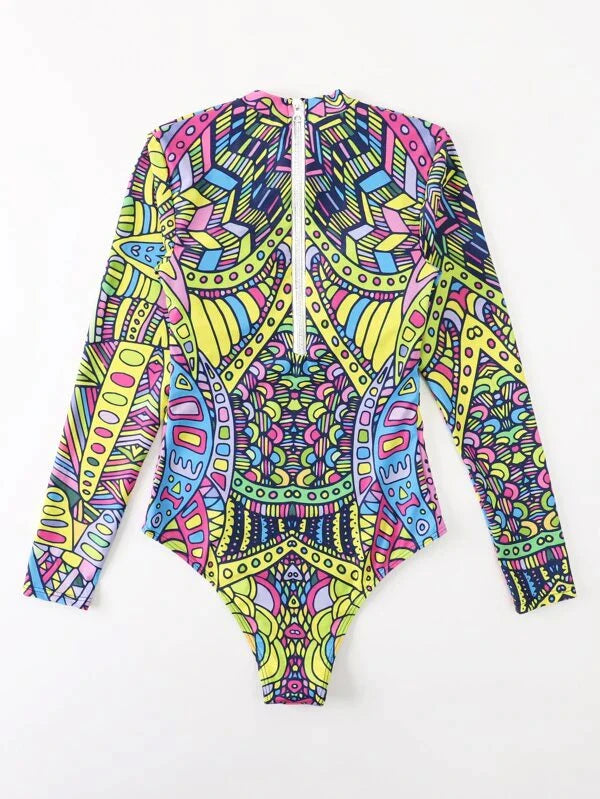 Allover Print Zip Back One Piece Swimsuit - All About Eg Allover Print Zip Back One Piece Swimsuit - All About Eg