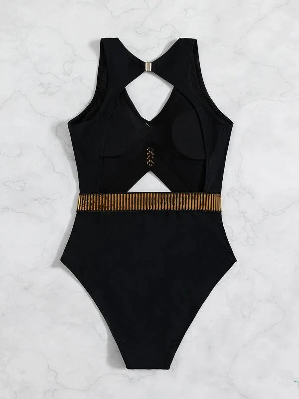 Striped Cut Out One Piece Swimsuit - All About Eg