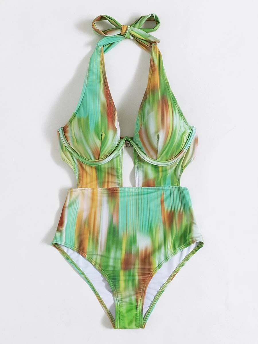 Allover Print Push Up One Piece Swimsuit - All About Eg Allover Print Push Up One Piece Swimsuit - All About Eg