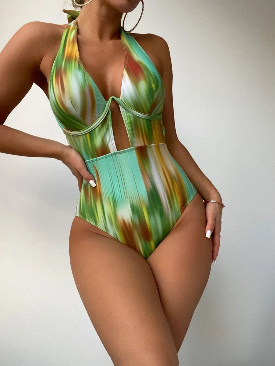 Allover Print Push Up One Piece Swimsuit - All About Eg Allover Print Push Up One Piece Swimsuit - All About Eg