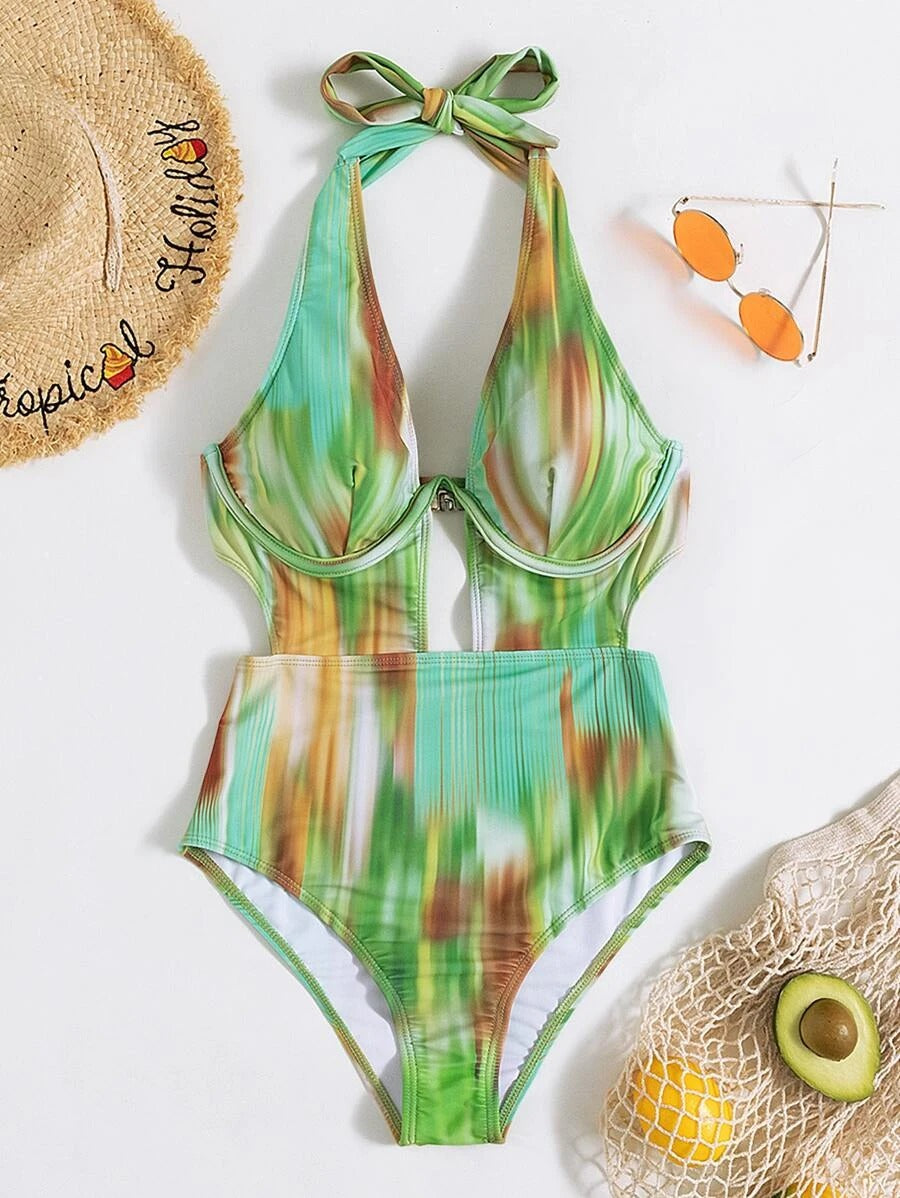 Allover Print Push Up One Piece Swimsuit - All About Eg Allover Print Push Up One Piece Swimsuit - All About Eg