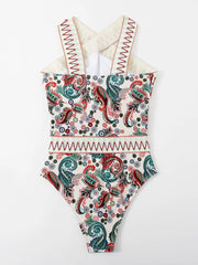 Paisley Chevron Stripe Tape High Neck One Piece Swimsuit - All About Eg Paisley Chevron Stripe Tape High Neck One Piece Swimsuit - All About Eg