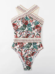 Paisley Chevron Stripe Tape High Neck One Piece Swimsuit - All About Eg Paisley Chevron Stripe Tape High Neck One Piece Swimsuit - All About Eg