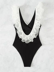Colorblock Ruffle Trim One Piece Swimsuit - All About Eg Colorblock Ruffle Trim One Piece Swimsuit - All About Eg