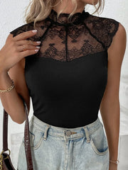 Contrast Lace Mock Neck Tank Top - All About Eg Contrast Lace Mock Neck Tank Top - All About Eg