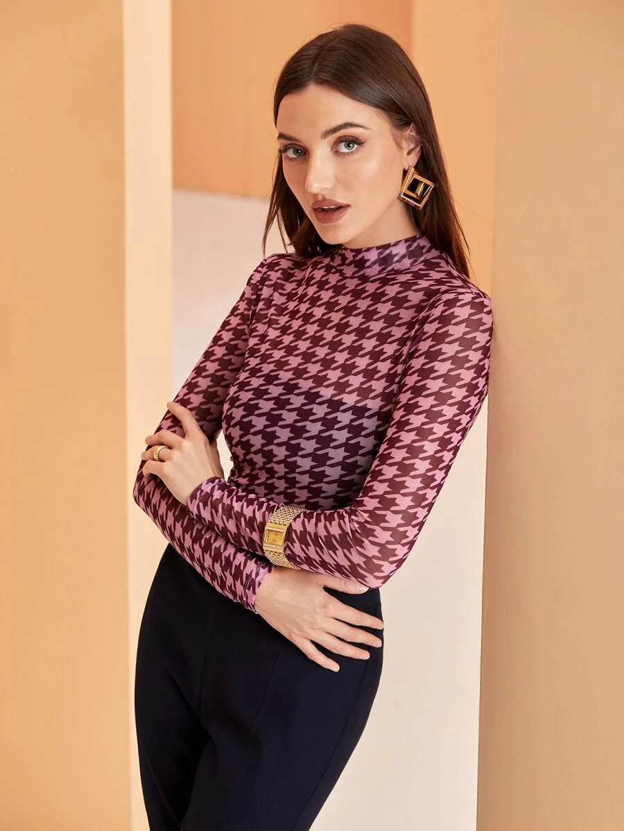 Modely Mock Neck Houndstooth Mesh Top Without Bandeau - All About Eg Modely Mock Neck Houndstooth Mesh Top Without Bandeau - All About Eg