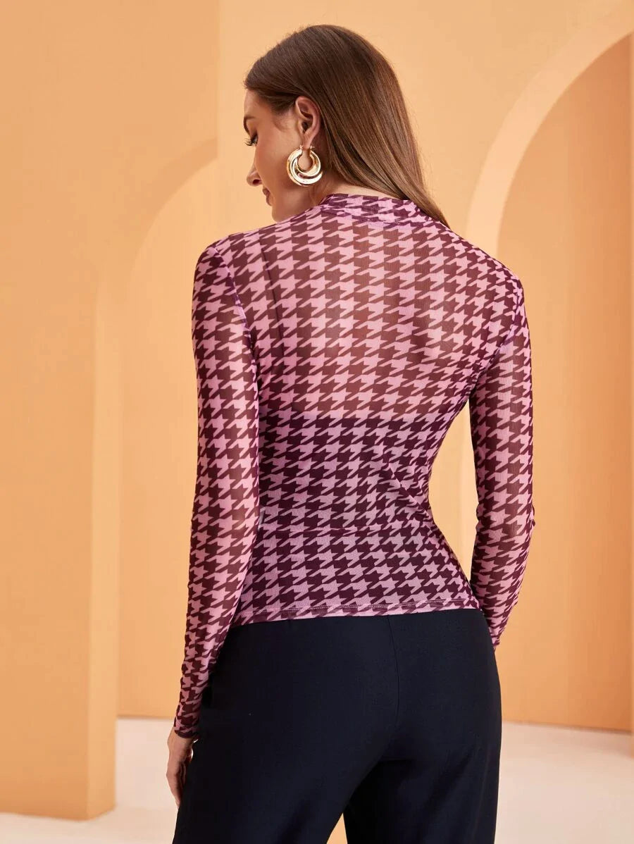 Modely Mock Neck Houndstooth Mesh Top Without Bandeau - All About Eg Modely Mock Neck Houndstooth Mesh Top Without Bandeau - All About Eg