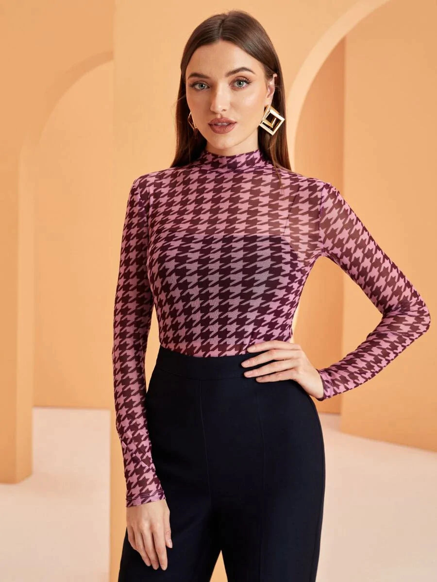 Modely Mock Neck Houndstooth Mesh Top Without Bandeau - All About Eg Modely Mock Neck Houndstooth Mesh Top Without Bandeau - All About Eg