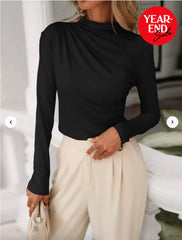 Solid Ruched Mock Neck T-shirt - All About Eg Solid Ruched Mock Neck T-shirt - All About Eg