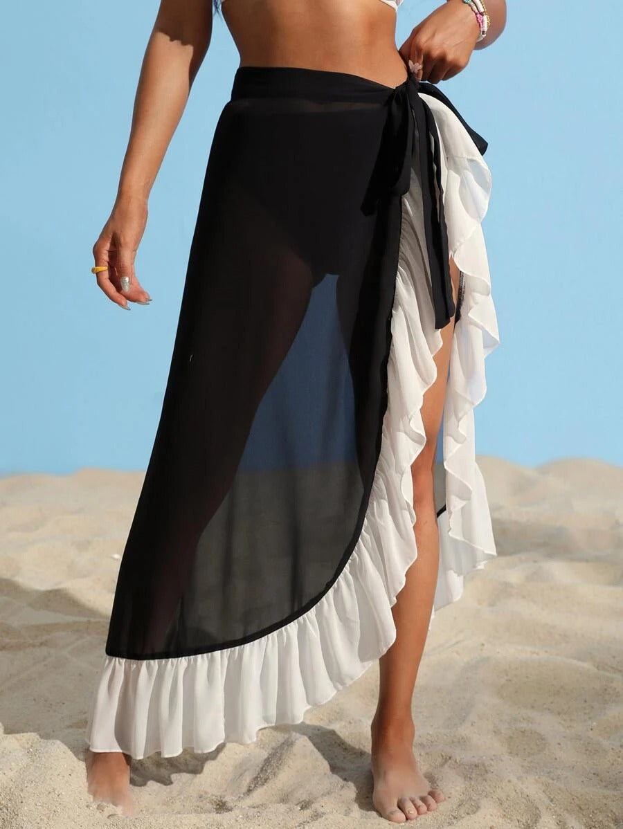 Colorblock Ruffle Hem Cover Up Skirt - All About Eg Colorblock Ruffle Hem Cover Up Skirt - All About Eg