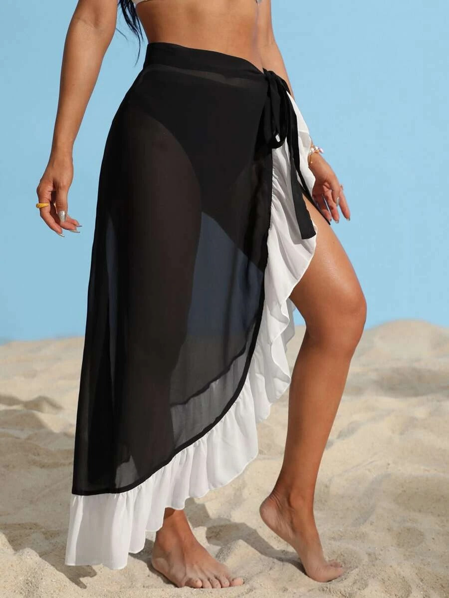 Colorblock Ruffle Hem Cover Up Skirt - All About Eg