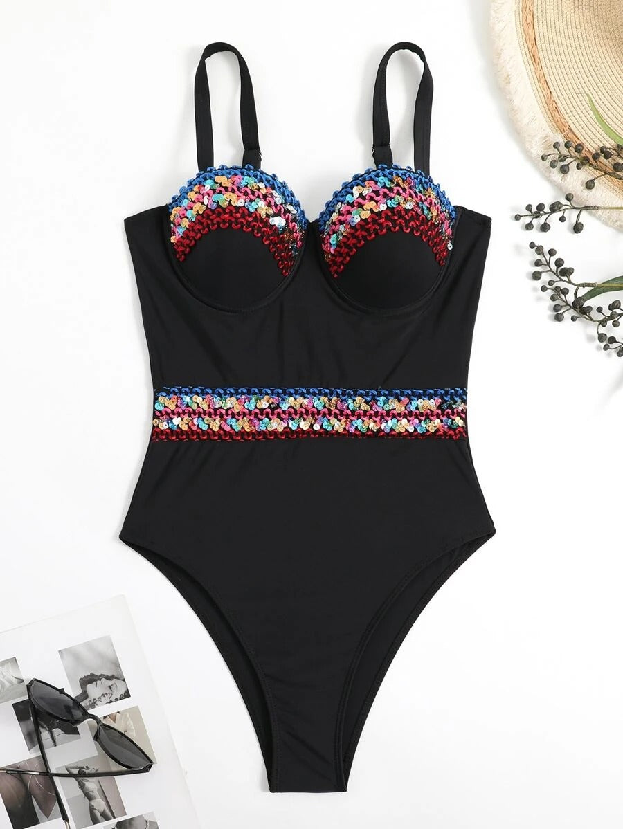 Contrast Sequin Tape Push Up One Piece Swimsuit - All About Eg Contrast Sequin Tape Push Up One Piece Swimsuit - All About Eg