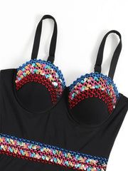 Contrast Sequin Tape Push Up One Piece Swimsuit - All About Eg Contrast Sequin Tape Push Up One Piece Swimsuit - All About Eg