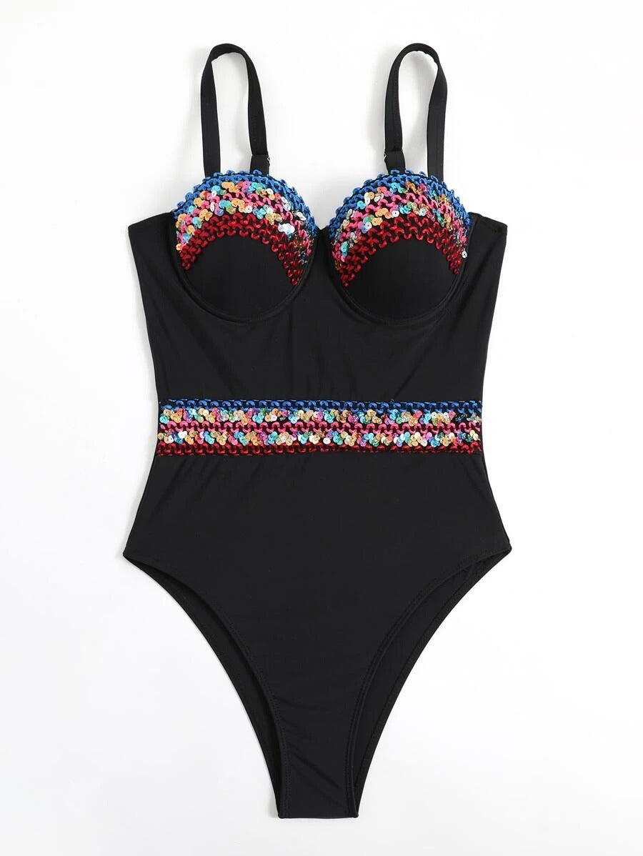 Contrast Sequin Tape Push Up One Piece Swimsuit - All About Eg Contrast Sequin Tape Push Up One Piece Swimsuit - All About Eg