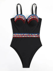 Contrast Sequin Tape Push Up One Piece Swimsuit - All About Eg Contrast Sequin Tape Push Up One Piece Swimsuit - All About Eg