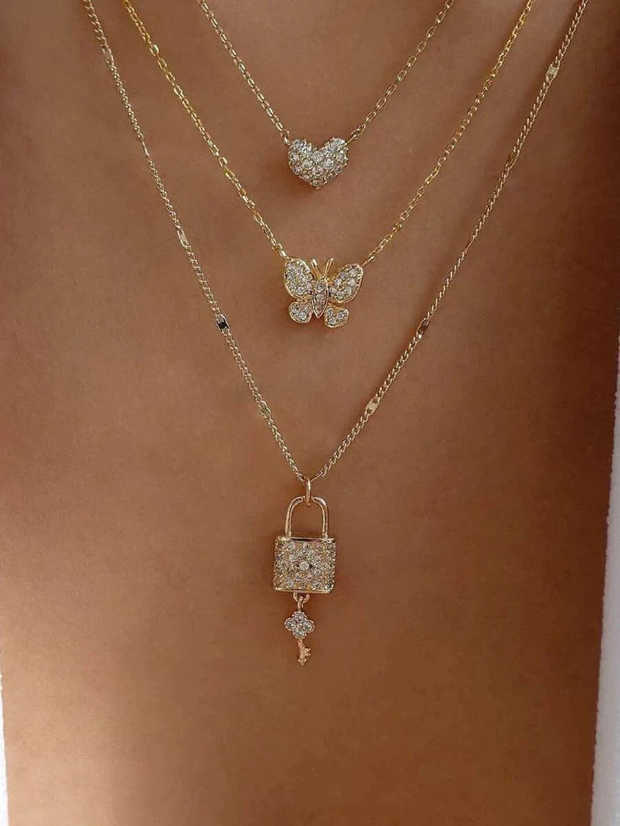 Rhinestone Heart Layered Necklace - All About Eg