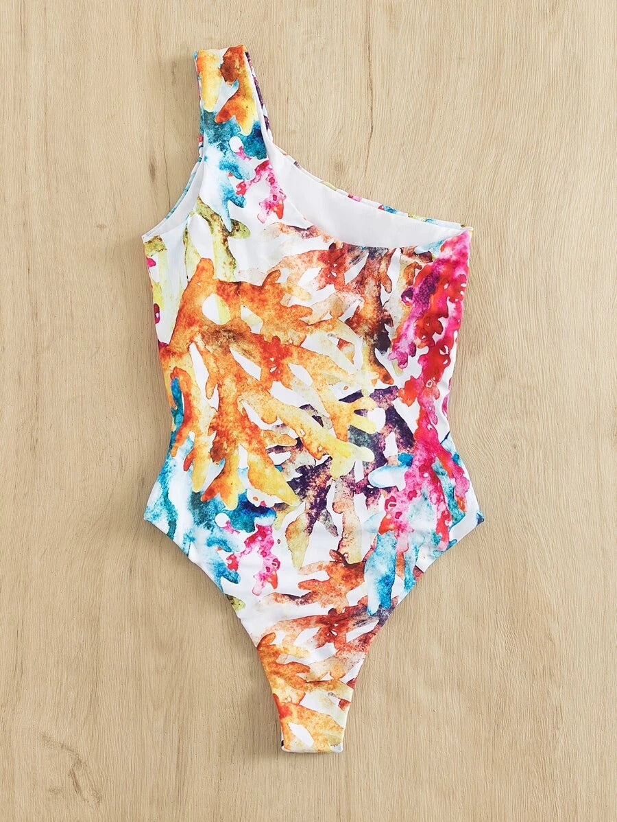 Allover Graphic One Shoulder One Piece Swimsuit - All About Eg Allover Graphic One Shoulder One Piece Swimsuit - All About Eg