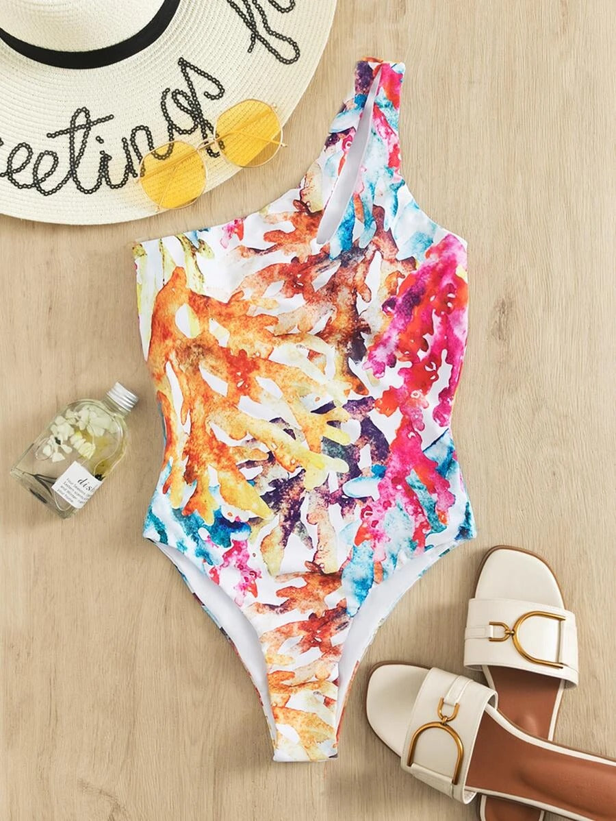 Allover Graphic One Shoulder One Piece Swimsuit - All About Eg