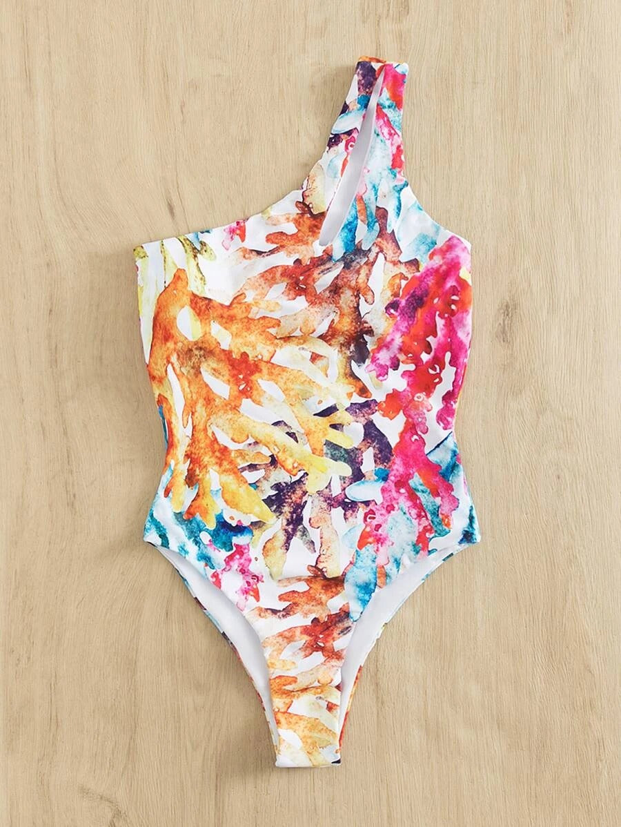 Allover Graphic One Shoulder One Piece Swimsuit - All About Eg Allover Graphic One Shoulder One Piece Swimsuit - All About Eg