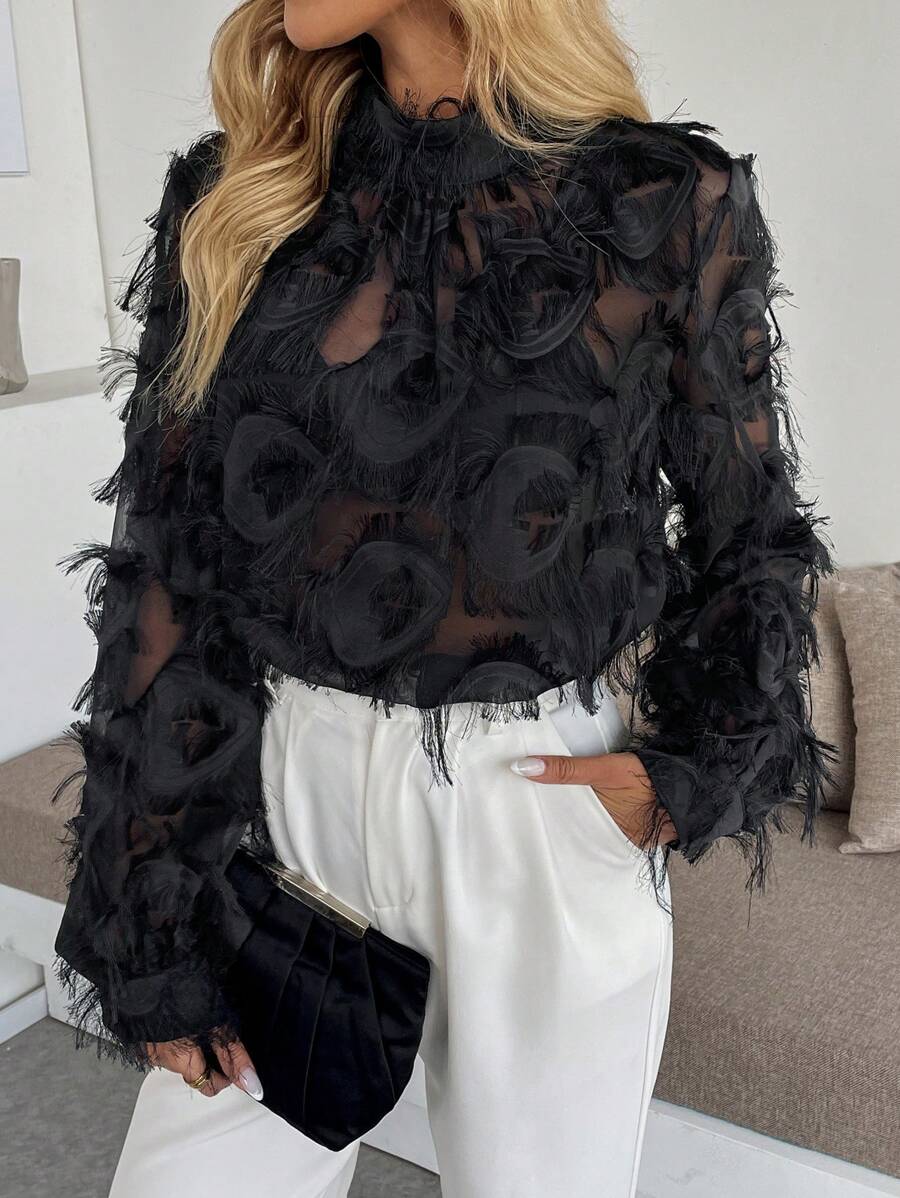 Women's Elegant Long Sleeve Black Velvet Shirt