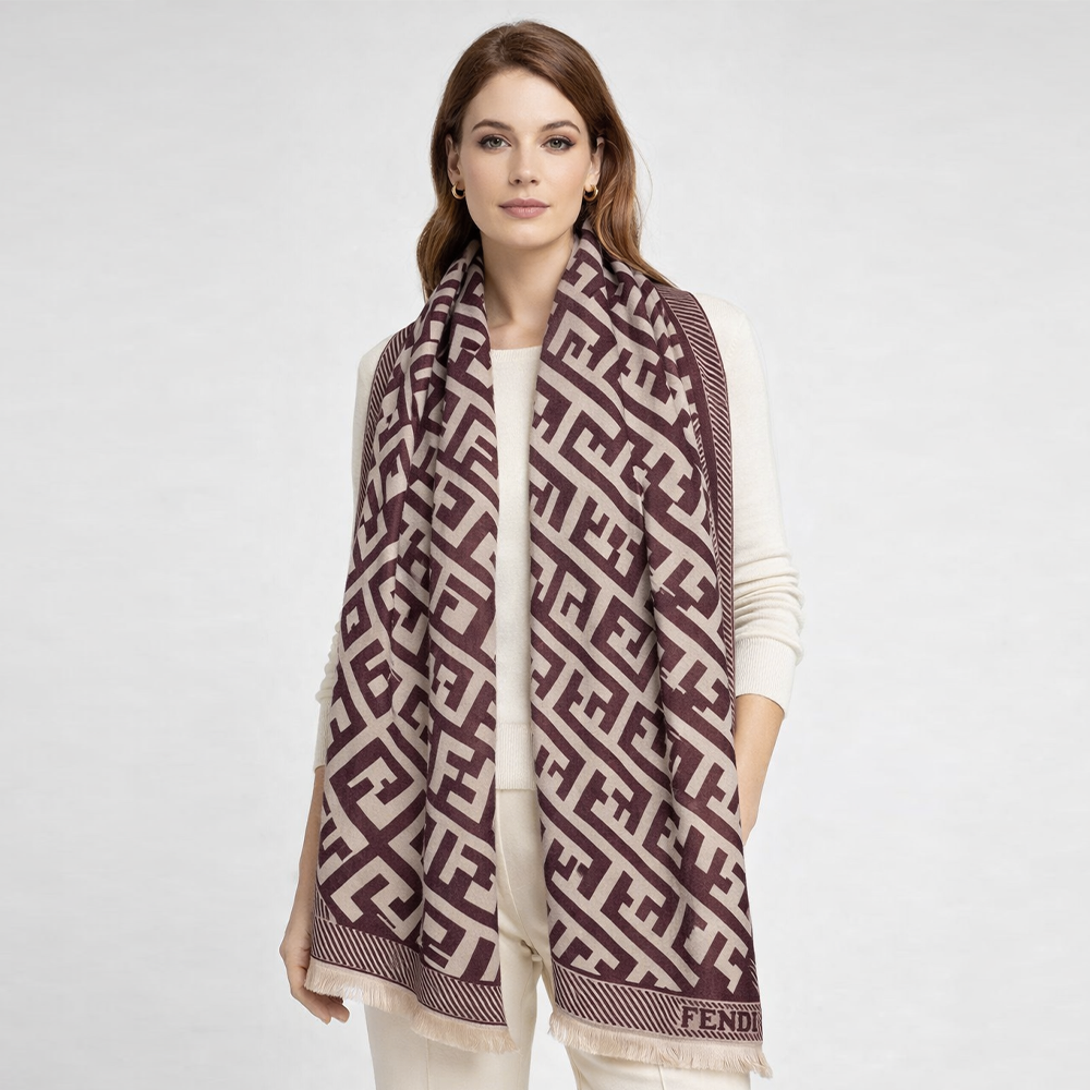 Fendi FF Monogram Reversible Wool Scarf – Brown & Cream