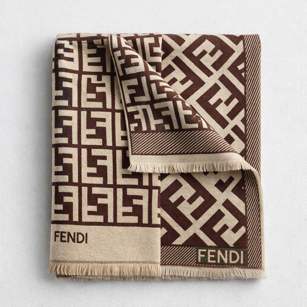 Fendi FF Monogram Reversible Wool Scarf – Brown & Cream