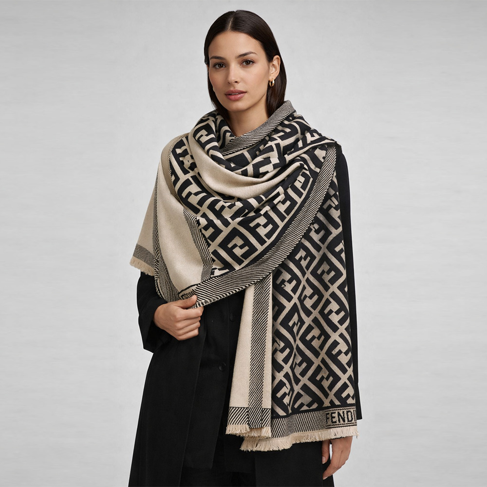 Fendi FF Monogram Wool Blend Scarf – Black & Beige