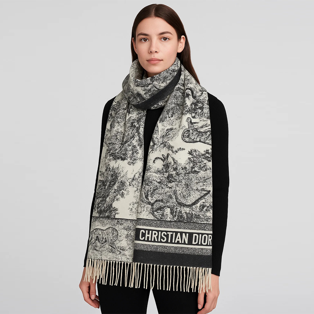 Christian Dior Toile de Jouy Embroidered Wool Scarf – Black & Cream