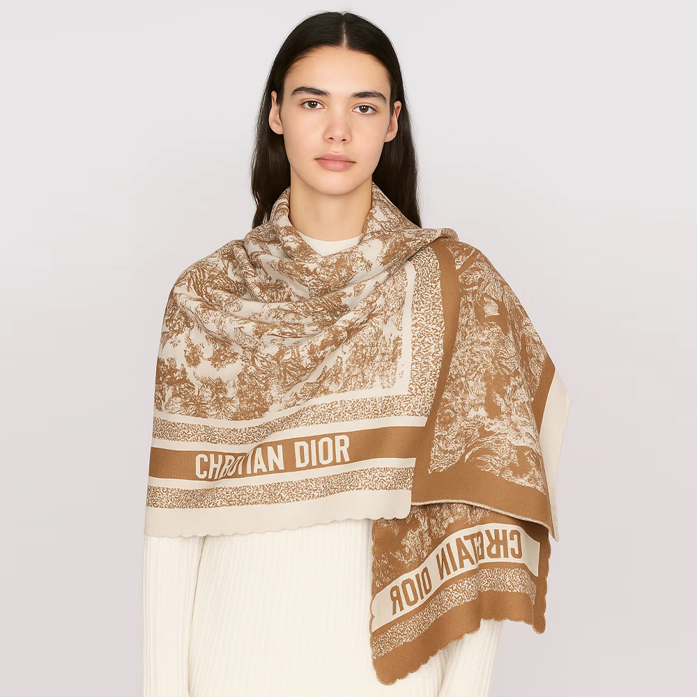 Christian Dior Toile de Jouy Embroidered Wool Scarf – Beige & Camel