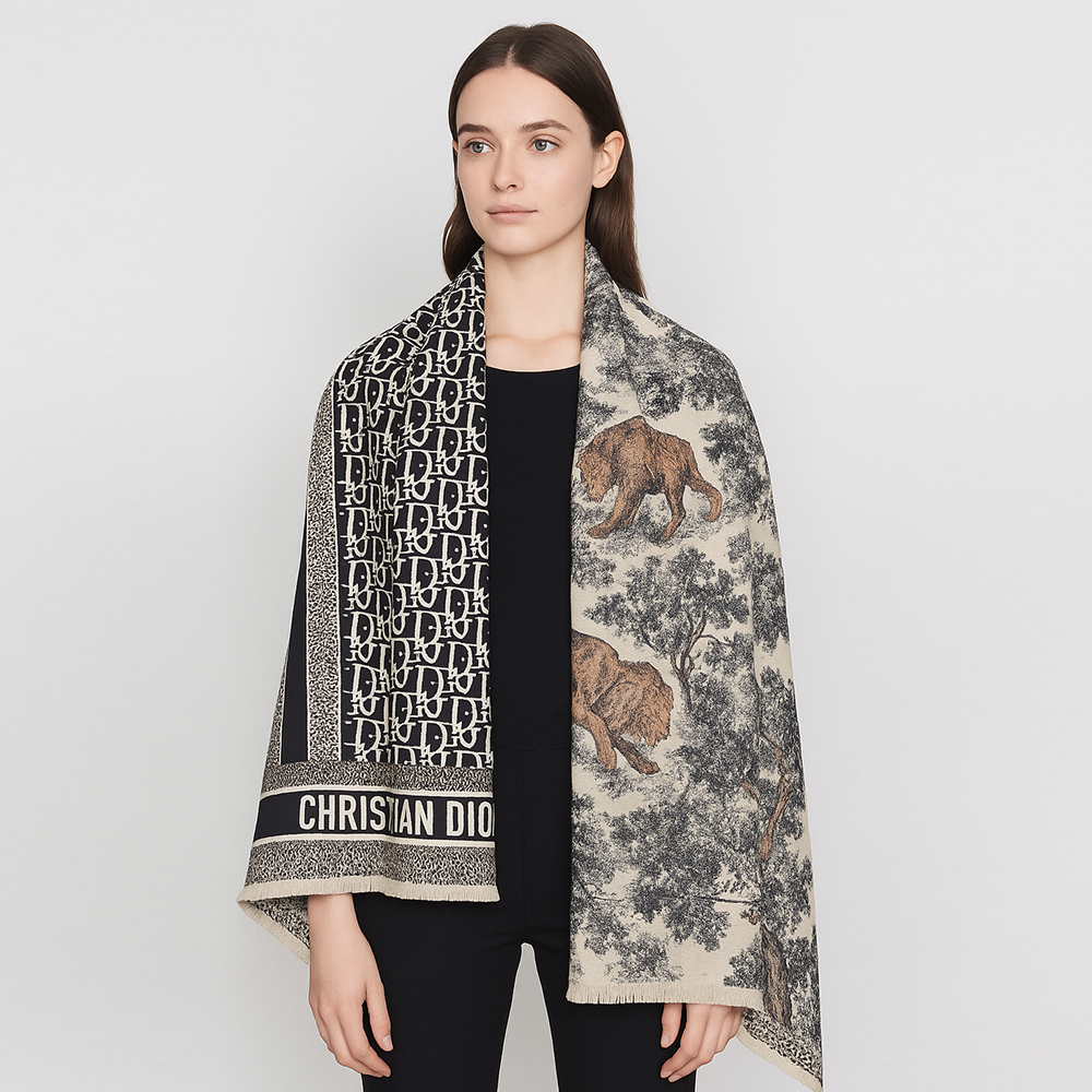 Christian Dior D-Oblique & Toile de Jouy Wool Scarf – Black & Grey