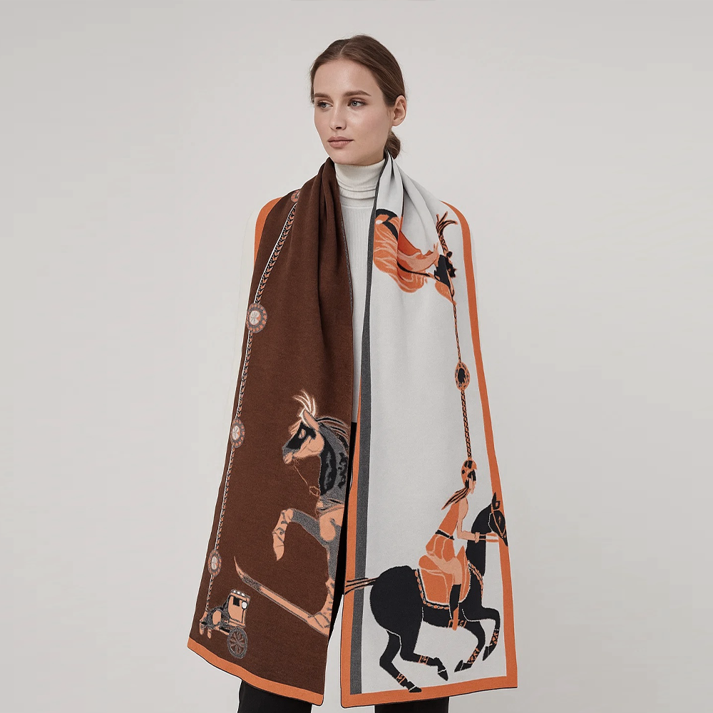 Hermès Horse Equestrian Riders Wool & Cashmere Scarf – Brown & White