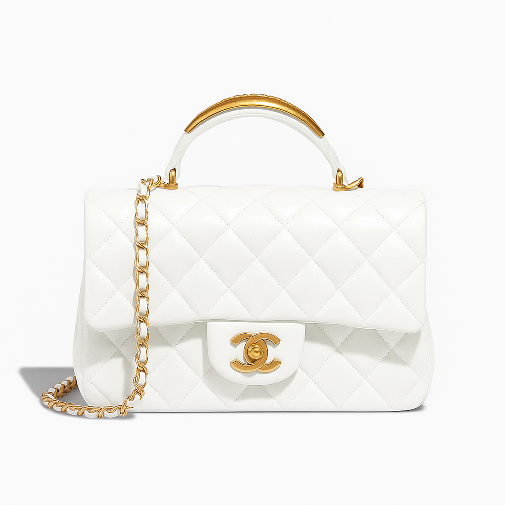 Chanel Mini Flap Bag with Gold Top Handle – White