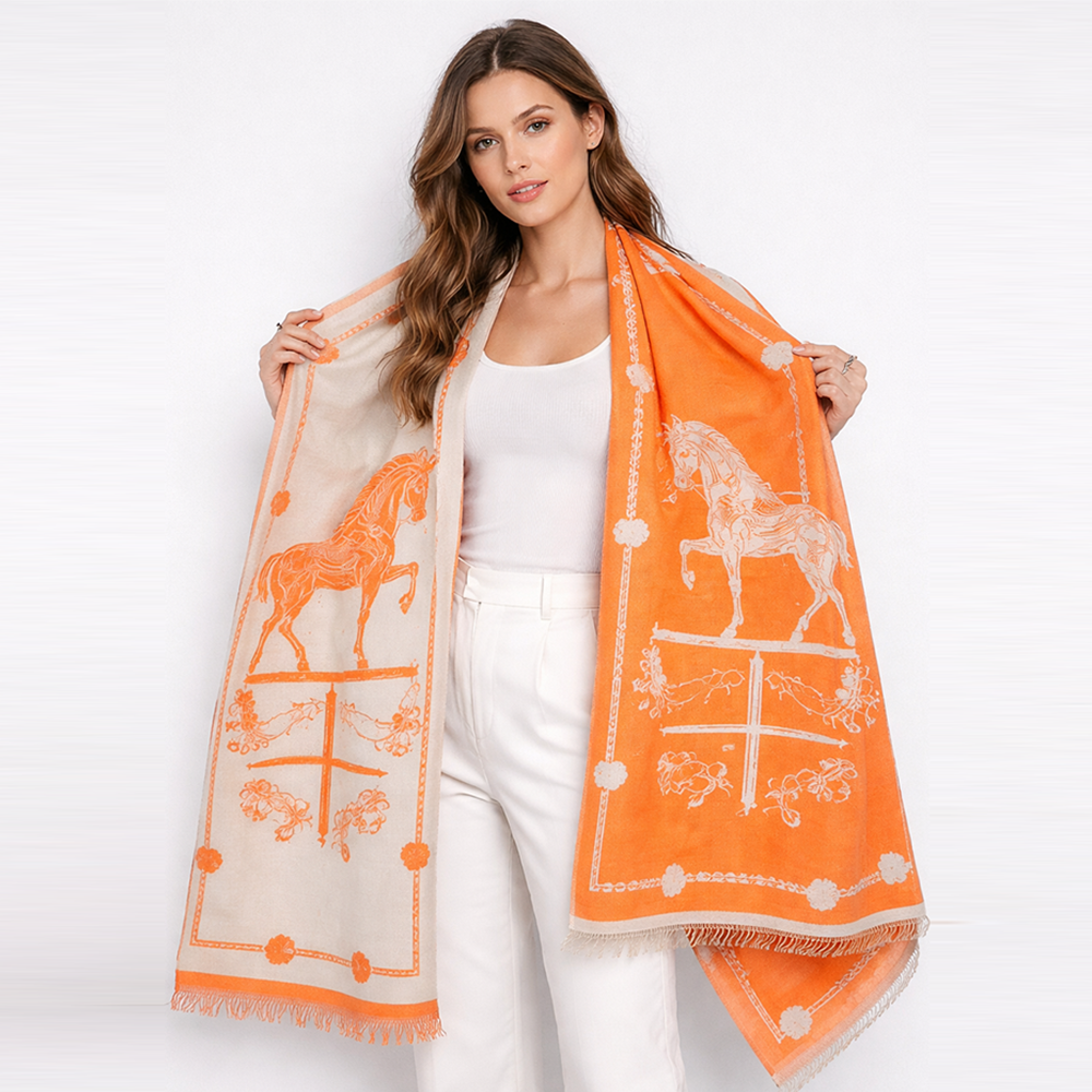 Hermès Horse Print Scarf – Orange & Beige