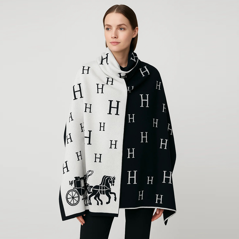 Hermès Reversible H Monogram Wool & Cashmere Scarf – Black & White