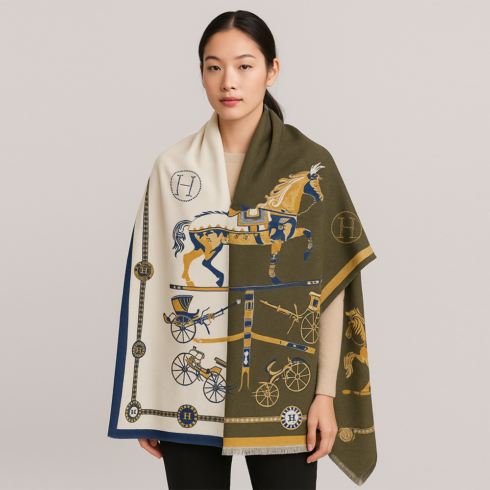 Hermès Horses & Carriage Wool Scarf – Green & Beige