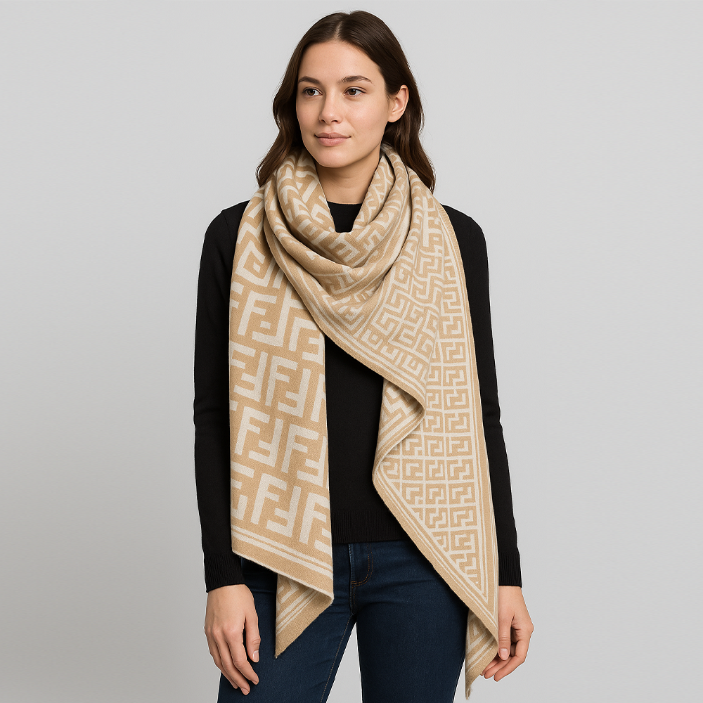 Fendi Wool Scarf – Beige with FF Logo Pattern