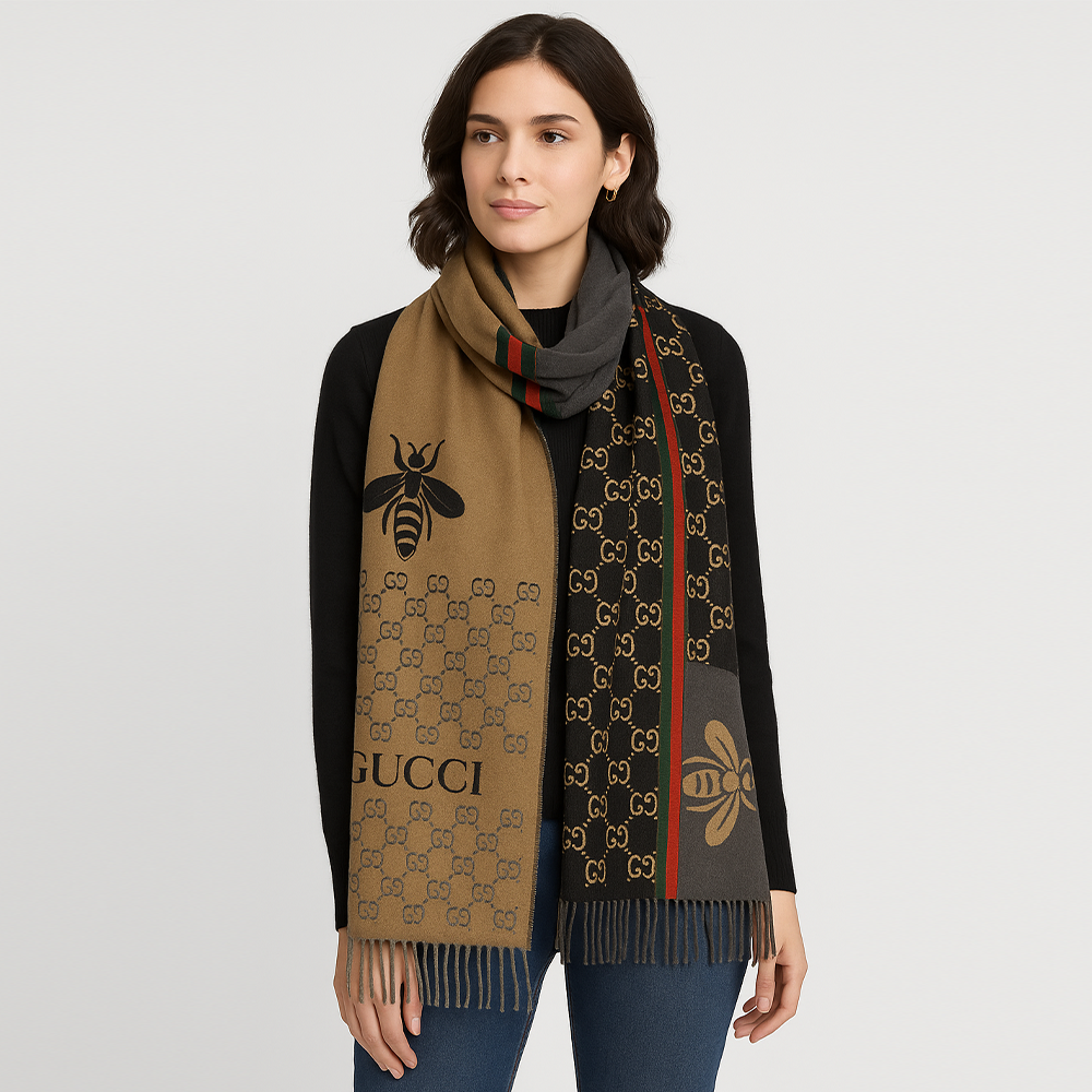 Gucci Reversible GG Wool Scarf with Bee Motif