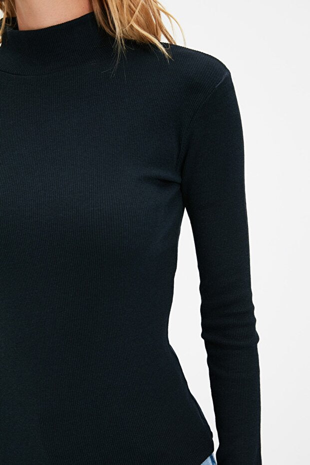 Black Fitted High Collar Long Sleeve Ribbed Stretchy Knitted Blouse