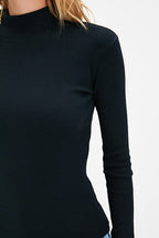 Black Fitted High Collar Long Sleeve Ribbed Stretchy Knitted Blouse