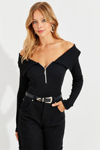 Women's Black Zippered Madonna Collar Blouse