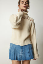 Women's Cream Turtleneck Scrolled Knit Sweater