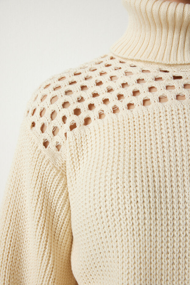 Women's Cream Turtleneck Scrolled Knit Sweater