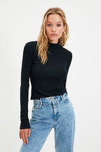 Black Fitted High Collar Long Sleeve Ribbed Stretchy Knitted Blouse