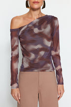Brown Tulle Fitted Body Fitted Lined Asymmetrical Neckline Knitted Blouse